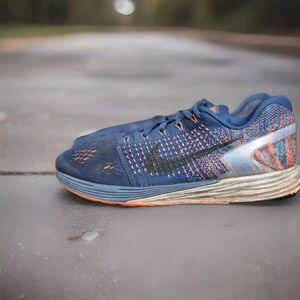 Nike Lunarglide 7 Flyknit Running Trainers Mens Size 8 Blue Lagoon Hyper Orange